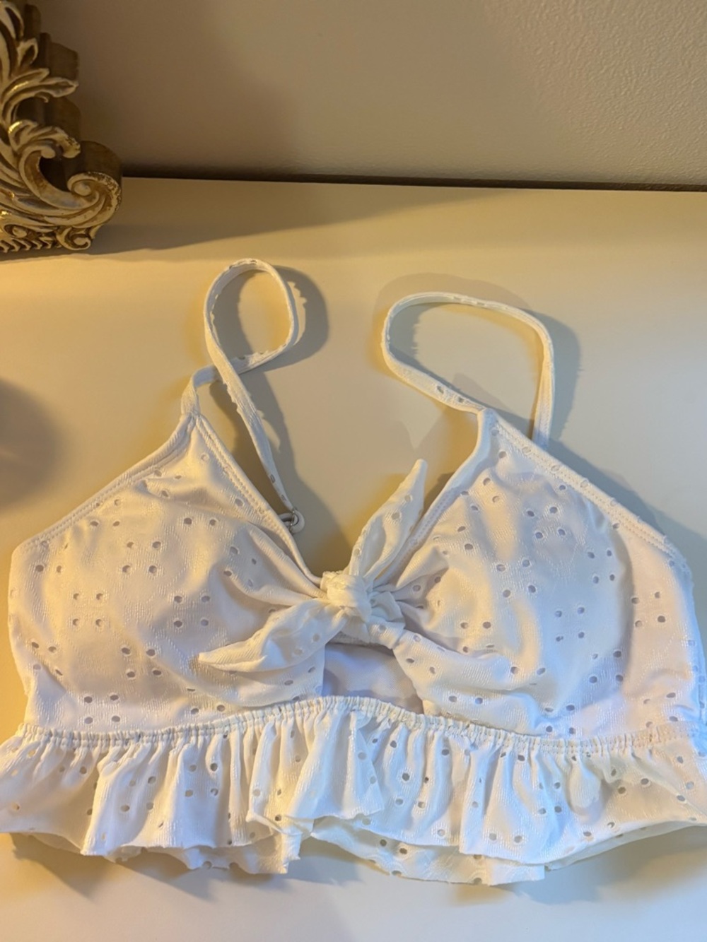 SHEIN White Eyelet Ruffle Tie Front Bikini Top and Bottom Set